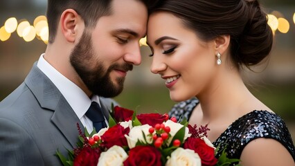 A smiling couple in formal wear holding a bouquet of roses isolated is not possible, on blurred background with bokeh lights