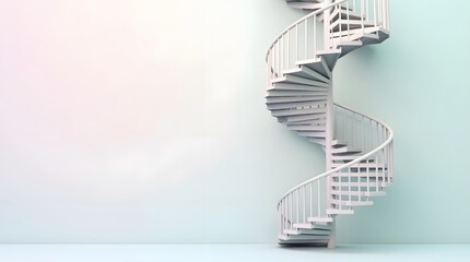Modern spiral staircase casting a soft shadow against a blue pastel wall creates a minimalist architectural scene
