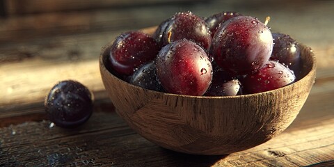 Plump, dark-purple fruits in a wooden bowl with water droplets on a rustic wooden table