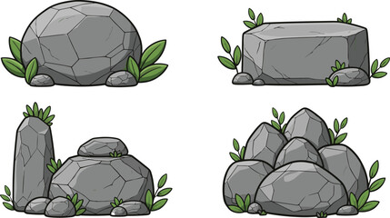 Cartoon Stone and Rock Collection with Green Leaves, Natural Boulder and Cliff Elements Flat Vector Illustration © Sumon Creative