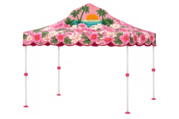 Pink tropical tent featuring hibiscus flowers, palm trees, and sunset for summer beach vacations, transparent background