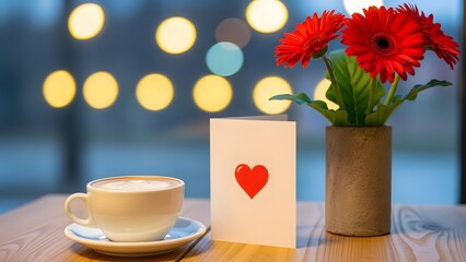 Cozy cafe setup with a cup of coffee and a heartfelt note for valentines day celebration with red flowers in a vase on a wooden table indoors