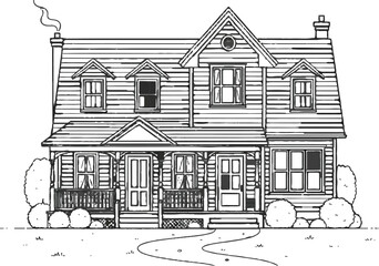 Vintage urban architecture vector illustration with hand-drawn sketches of an old house and city buildings in a classic street landscape.