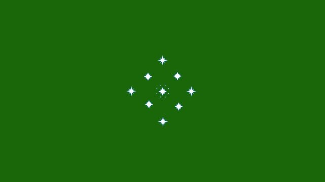 Twinkle star sparkle animation showing white cartoon flat vector doodles, blinking glowing light effects for festive overlays and motion graphics on green screen background, loopable 4K