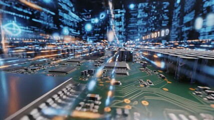 Futuristic digital data flow across a vibrant circuit board symbolizing advanced computing artificial intelligence and global network connectivity in a hightech environment with glowing light trails .