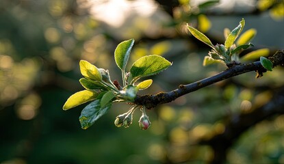 Close-up of a twig with emerging leaves and buds, bathed in golden sunlight
