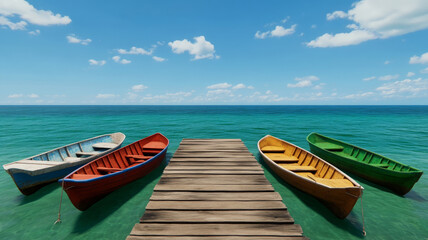 Rustic wooden pier with colorful boats anchored on clear turquoise sea under blue sky