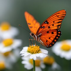 Obraz premium A vibrant orange butterfly perched on a white flower, showcasing intricate patterns against a soft, blurred green background.