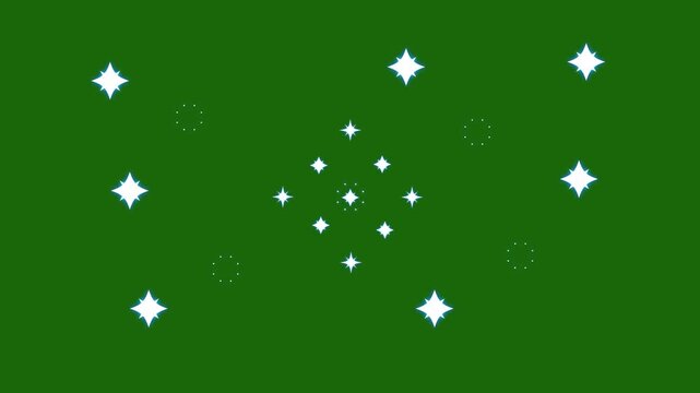 Twinkling sparkle star animation with white cartoon flat vector doodles, glowing blinking festive shine effects for motion graphics overlays on transparent green screen, seamless 4K