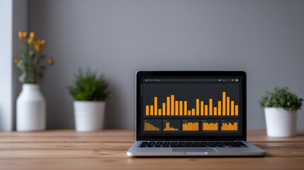 A laptop displaying colorful data charts sits on a wooden table, surrounded by small potted plants and flowers, creating a modern workspace atmosphere.