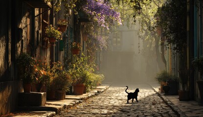 Narrow cobblestone street with buildings, potted plants, and a black cat in the sunlight
