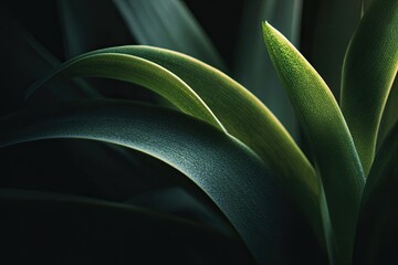 Close-up of glossy, curved green leaves against a dark background, highlighting texture