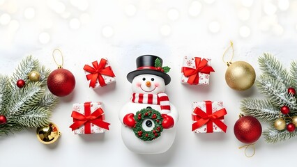 A festive Christmas tree decoration featuring a red ribbon bow, gold ornaments, and a gift box with a snowflake star icon on a white background for a winter holiday celebration card design