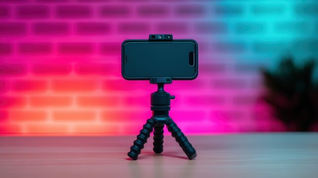 A modern smartphone on a flexible tripod against a colorful gradient background, ideal for photography and video recording.