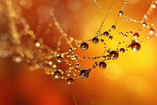 A close-up of a spider web glistening with water droplets against a warm, blurred background