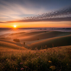 Sunrise over rolling hills capturing early light peaceful nature and fresh morning atmosphere