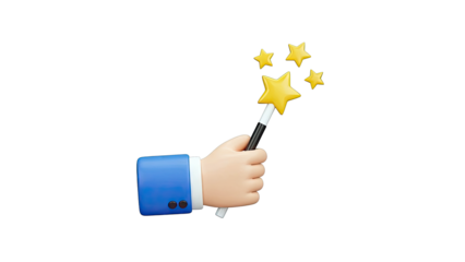 Hand in blue suit holding a magic wand with stars