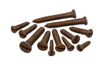 Collection of old rusty slotted flat head wood screws, creating a fan shape and showcasing corrosion. Transparent background