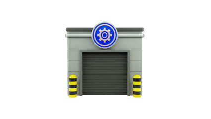 Industrial Building with Gear Logo and Safety Bollards