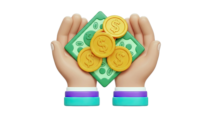 Hands holding money and coins
