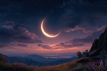 Glowing crescent moon shines over purple-hued mountain landscape at dusk