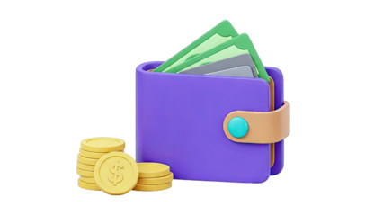 Purple wallet with cash and coins