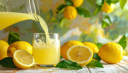 Fresh lemonade being poured into a glass, delicious refreshment.