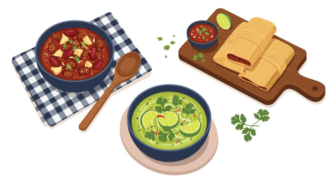 Delicious assortment of traditional comfort foods, including bowls of chili and green soup, alongside freshly made tamales with salsa.