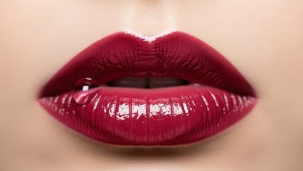 Obraz premium Glossy red lips with single water droplet