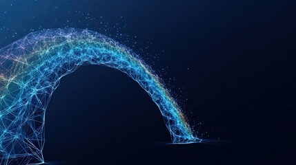 A mesmerizing digital artwork depicts a vibrant arch constructed from an array of luminous particles, traversing a captivating. ..Created with Generative AI, not depicting real subjects.