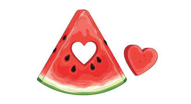 A cute vector illustration of a watermelon slice with a heart-shaped cutout, symbolizing love for summer, fruit, and healthy eating.