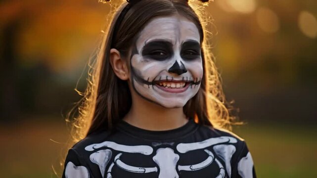 Happy girl in skeleton Halloween costume with face paint outdoors