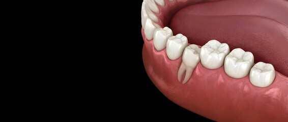 3D Rendering of Impacted Tooth in Lower Jaw Showing Angled Growth and Gum Coverage