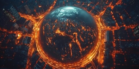 Aerial view of Earth globe surrounded by multiple highways, traffic lights glowing at night in city centers  Concept for global business technology and digital connectivity, Generative AI