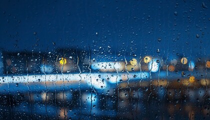 Raindrops on window at night with blurry city lights