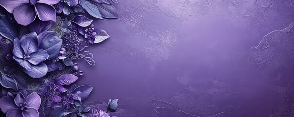 Violet purple background with lace-inspired floral patterns on the left side, creating an elegant and sophisticated design for a banner or poster template, Generative AI