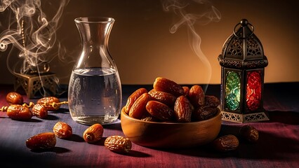 Dates and traditional lantern on a table during Ramadan.