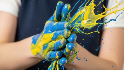 Clapping hands covered in blue and yellow paint