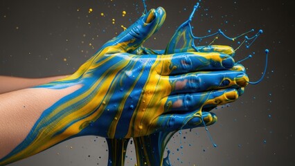 Paint splash from clapping hands blue and yellow
