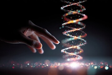 Hand reaching towards a glowing, swirling double helix on a dark background