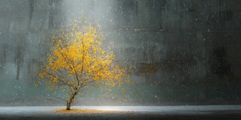 A lone tree with yellow leaves stands against a textured, dark background, snow falling