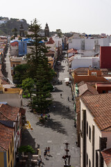 Historic center street view from church bell tower, old town rooftops in La Laguna, San Cristobal de La Laguna, Tenerife.
