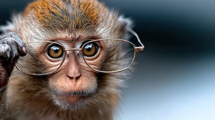 Monkey wearing glasses looks at the viewer with curious expression in a close-up shot taken in a natural setting