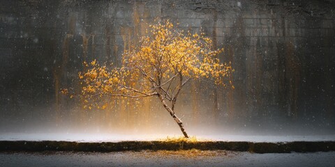 A solitary tree with golden leaves stands against a textured wall during a snowfall
