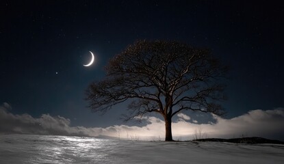 Lone, bare tree silhouetted against a starlit, moonlit nightscape