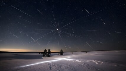 snowy landscape under a starry night sky with trail of lights