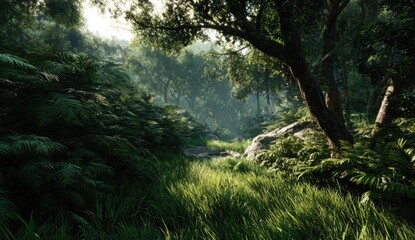 Sunlit forest path winding through lush greenery, trees, and dense undergrowth