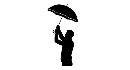 Man holding umbrella in silhouette on white background, protecting himself from rain or sun with protection and weather and icon and illustration