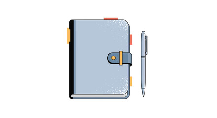 A simple and clean illustration of a personal organizer or diary with a clasp, colorful tabs, and a matching pen on the side.