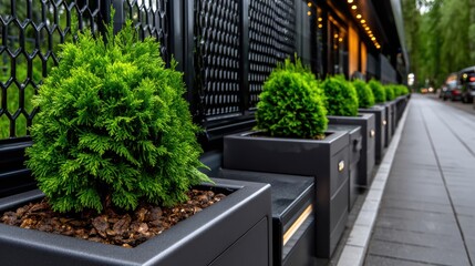 Plants in black planters line the sidewalk beside a building on a city street during the day in an urban area
